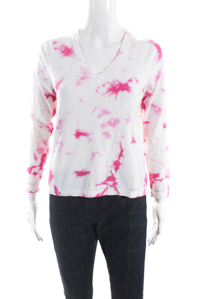 Minnie Rose Womens Long Sleeve V Neck Tie Dyed Sweater White Pink Size Large