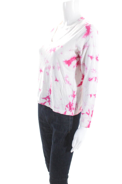 Minnie Rose Womens Long Sleeve V Neck Tie Dyed Sweater White Pink Size Large