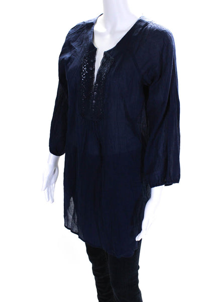 Shoshanna Women's V-Neck Short Sleeves Tunic Blouse Navy Blue Size M