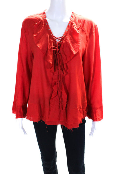 IRO Women's V-Neck Lace Up Bell Sleeves Ruffle Blouse Red Size 40