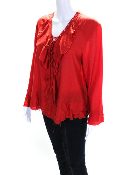 IRO Women's V-Neck Lace Up Bell Sleeves Ruffle Blouse Red Size 40