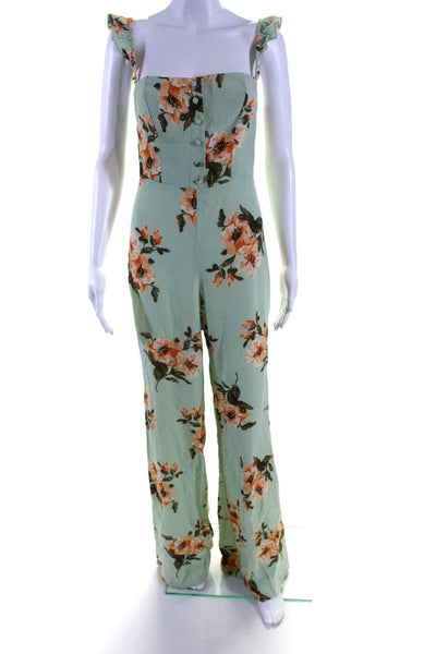 Flynn Skye Womens Floral Ruffle Wide Leg Jumpsuit Mint Green Orange Size Medium