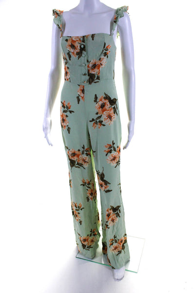 Flynn Skye Womens Floral Ruffle Wide Leg Jumpsuit Mint Green Orange Size Medium