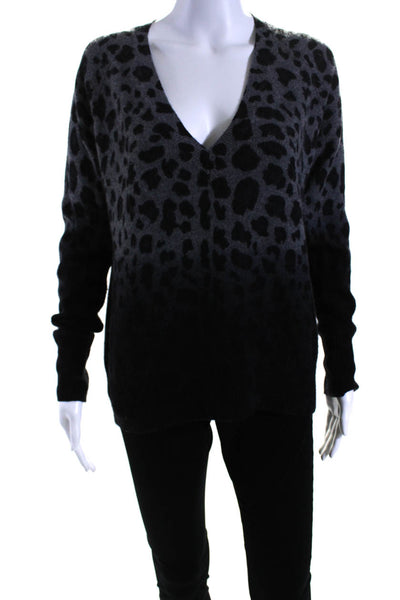 360 Cashmere Womens Leopard Printed Ombre Cashmere Sweater Gray Black Size Small