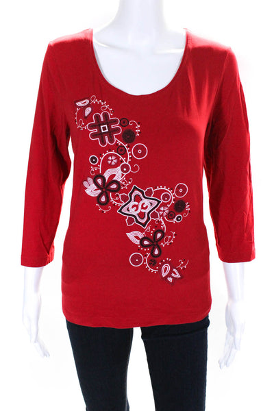 Escada Sport Womens Jersey Knit Embroidered Crystal Embellished Top Red Size L