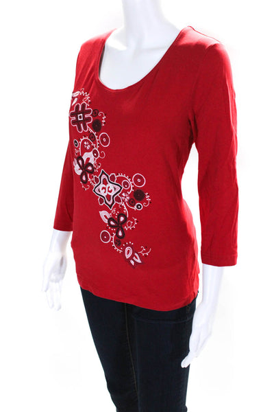 Escada Sport Womens Jersey Knit Embroidered Crystal Embellished Top Red Size L