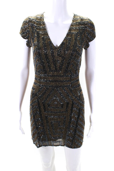 Parker Womens Beaded V Neck Short Sleeve Mini Sheath Dress Black Silk Size XS