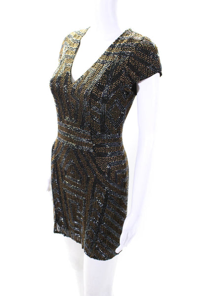Parker Womens Beaded V Neck Short Sleeve Mini Sheath Dress Black Silk Size XS