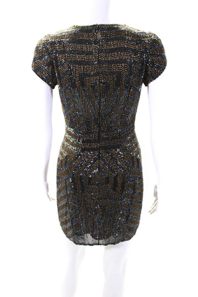 Parker Womens Beaded V Neck Short Sleeve Mini Sheath Dress Black Silk Size XS