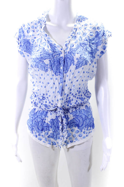 Poupette St. Barth Womens Polka Dot Short Sleeve Button Up Romper Blue White XS