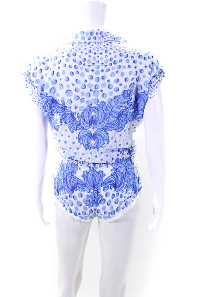 Poupette St. Barth Womens Polka Dot Short Sleeve Button Up Romper Blue White XS