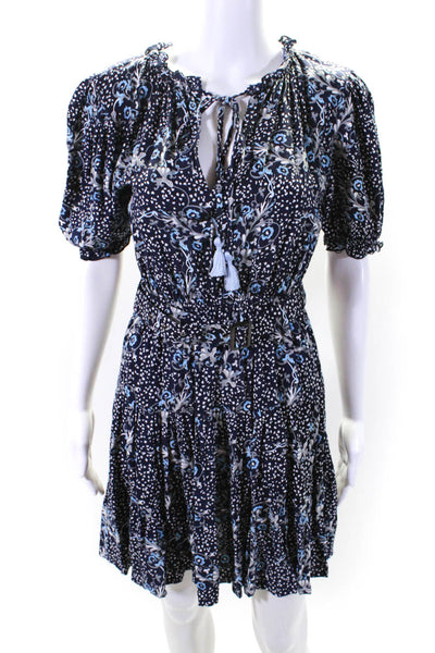 Lusana Womens Floral Puff Sleeve Tie Neck Belted Mini A Line Dress Navy Size 2