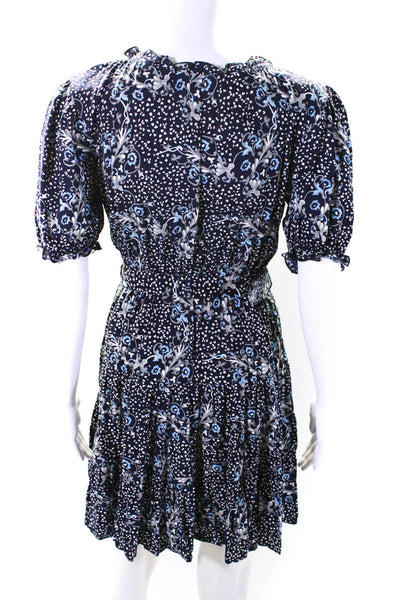 Lusana Womens Floral Puff Sleeve Tie Neck Belted Mini A Line Dress Navy Size 2