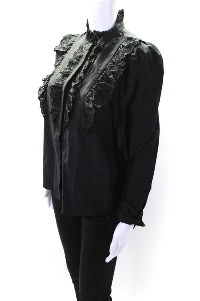 The Westside Womens Eyelet Ruffle Frill Neck Button Up Top Blouse Black Small