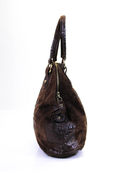 Onna Ehrlich Womens Crocodile Printed Suede Zip Up Brown Satchel Bag Handbag