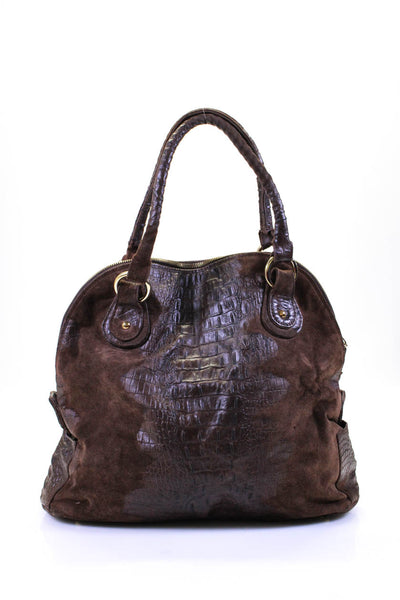 Onna Ehrlich Womens Crocodile Printed Suede Zip Up Brown Satchel Bag Handbag