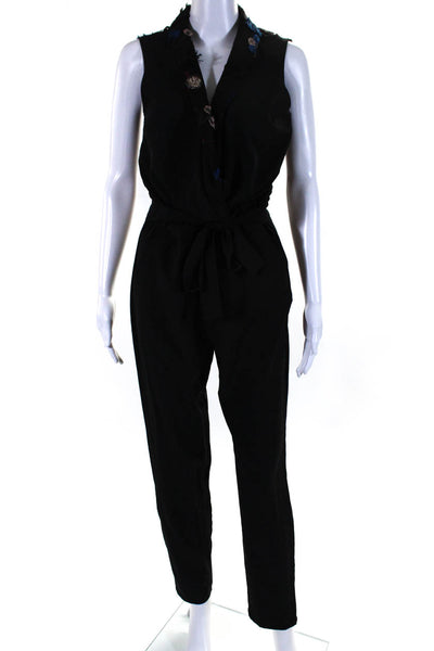 Naf Naf Women's V-Neck Sleeves Embroidered Straight Leg Jumpsuit Black Size 36