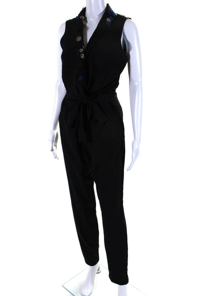 Naf Naf Women's V-Neck Sleeves Embroidered Straight Leg Jumpsuit Black Size 36