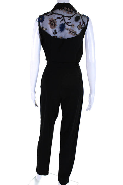 Naf Naf Women's V-Neck Sleeves Embroidered Straight Leg Jumpsuit Black Size 36