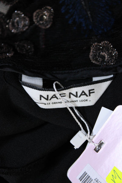 Naf Naf Women's V-Neck Sleeves Embroidered Straight Leg Jumpsuit Black Size 36
