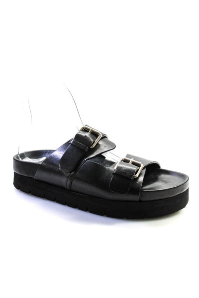 G. Womens Leather Buckled Strap Slip-On Round Toe Platform Sandals Black Size 5