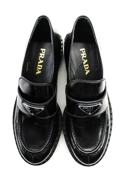 Prada Womens Block Heel Triangle Logo Loafers Oxfords Black Leather Size 40.5