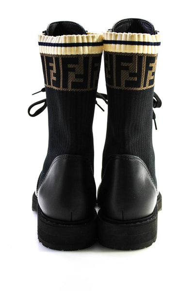 Fendi Womens Lace Up Zucca Logo Knit Leather Rockoko Boots Black Size 40