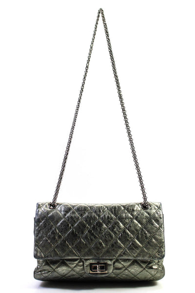 Chanel Womens Metallic Reissue 225 Double Flap Bag Handbag Green Silver Leather