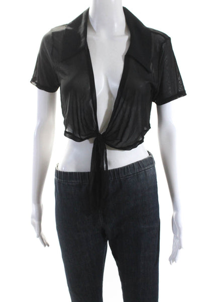 Weworewhat Womens Sheer Collared Tied Knot Cropped Blouse Top Black Size M