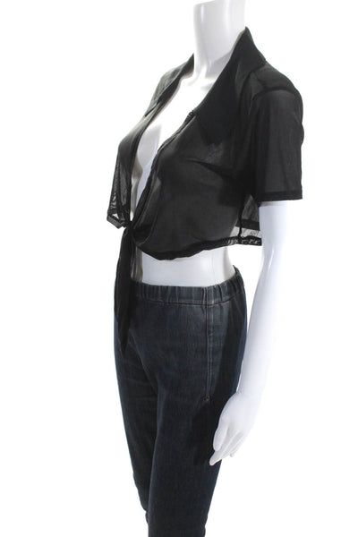 Weworewhat Womens Sheer Collared Tied Knot Cropped Blouse Top Black Size M