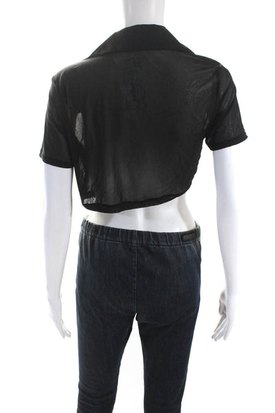 Weworewhat Womens Sheer Collared Tied Knot Cropped Blouse Top Black Size M