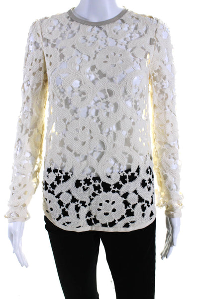 Isabel Marant Womens Floral Lace Crew Neck Long Sleeve Blouse Top Beige Size 36