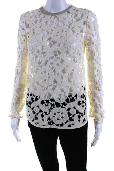 Isabel Marant Womens Floral Lace Crew Neck Long Sleeve Blouse Top Beige Size 36
