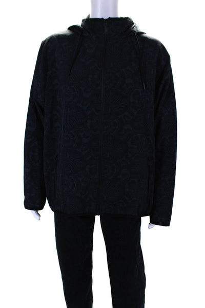 Vince Mens Front Zip Hooded Drawstring Floral Jacket Navy Cotton Size 2XL