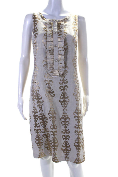 Tory Burch Womens Sleeveless Back Zip Metallic Printed Sheath Dress Beige Size 8