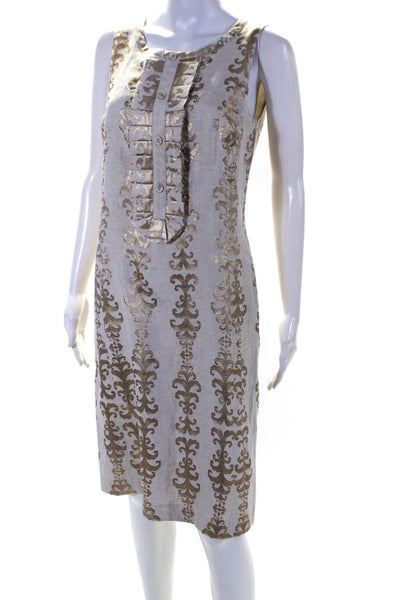 Tory Burch Womens Sleeveless Back Zip Metallic Printed Sheath Dress Beige Size 8