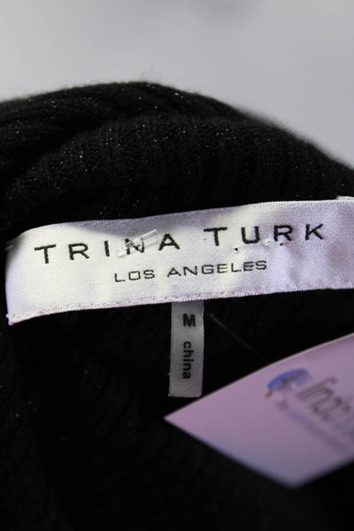 Trina Turk Womens Metallic 3/4 Sleeve Cowl Neck Sweater Black Cashmere Medium