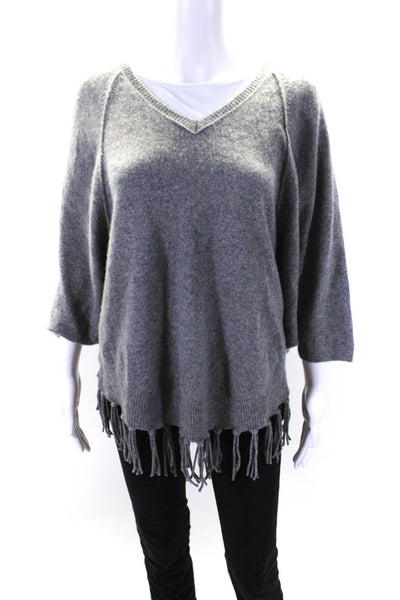 Velvet Womens Fringe Hem V Neck Dolman Sleeve Sweater Gray Cashmere Size Small