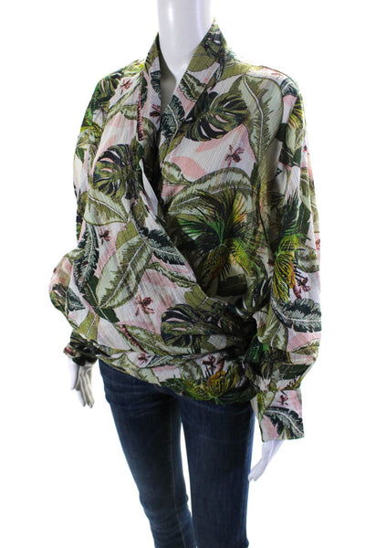 Z&L Europe Womens Palm Tree Tie Front Print Blouse Green Pink Size One Size