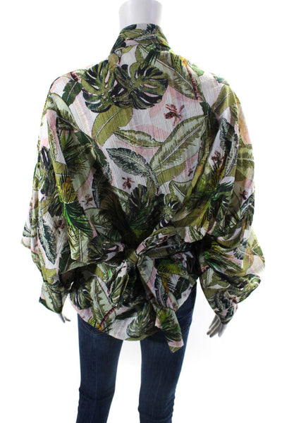 Z&L Europe Womens Palm Tree Tie Front Print Blouse Green Pink Size One Size