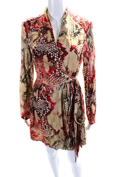 Ark & Co Womens Long Sleeve Snakeskin Print Wrap Dress Red Beige Size Medium