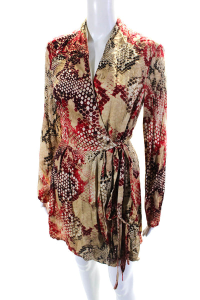 Ark & Co Womens Long Sleeve Snakeskin Print Wrap Dress Red Beige Size Medium