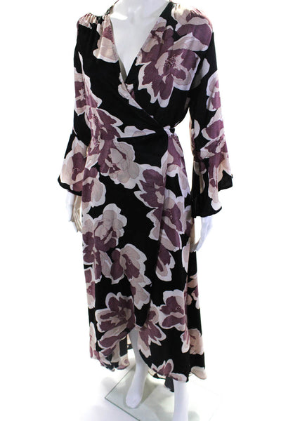 Veronica M Womens Long Sleeve Satin Floral Maxi Wrap Dress Black Purple Medium