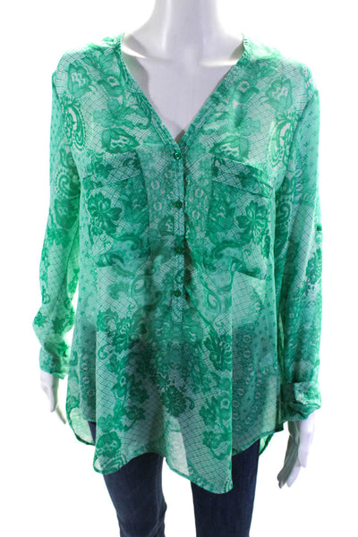 Yoana Baraschi Womens Paisley V Neck Button Up Top Blouse Green Size Large