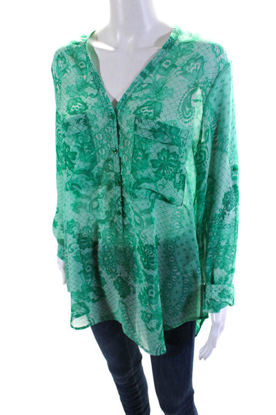 Yoana Baraschi Womens Paisley V Neck Button Up Top Blouse Green Size Large