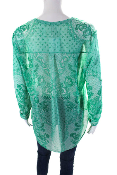 Yoana Baraschi Womens Paisley V Neck Button Up Top Blouse Green Size Large