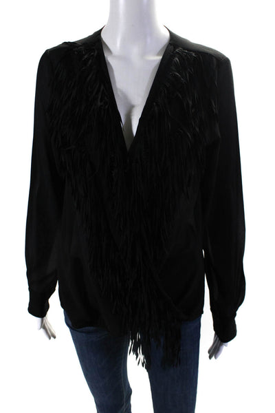 Yoana Baraschi Womens Long Sleeve Surplice Fringe Top Blouse Black Size Medium