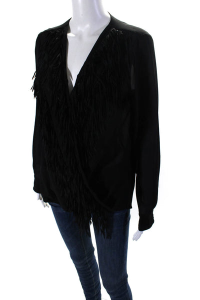 Yoana Baraschi Womens Long Sleeve Surplice Fringe Top Blouse Black Size Medium