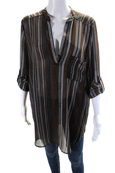 JOH Womens Long Sleeve Striped V Neck Top Blouse Brown Gray Size Small