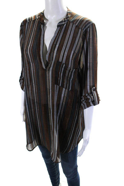 JOH Womens Long Sleeve Striped V Neck Top Blouse Brown Gray Size Small